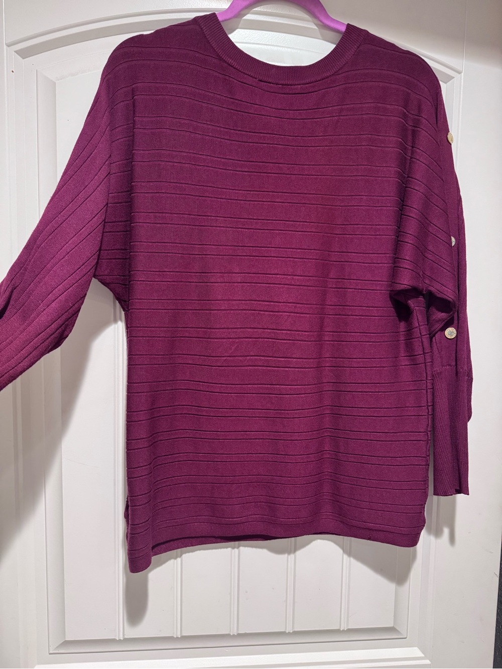 Anne Klein Maroon Button-Sleeve Ribbed Knit Top - Picture 2 of 3
